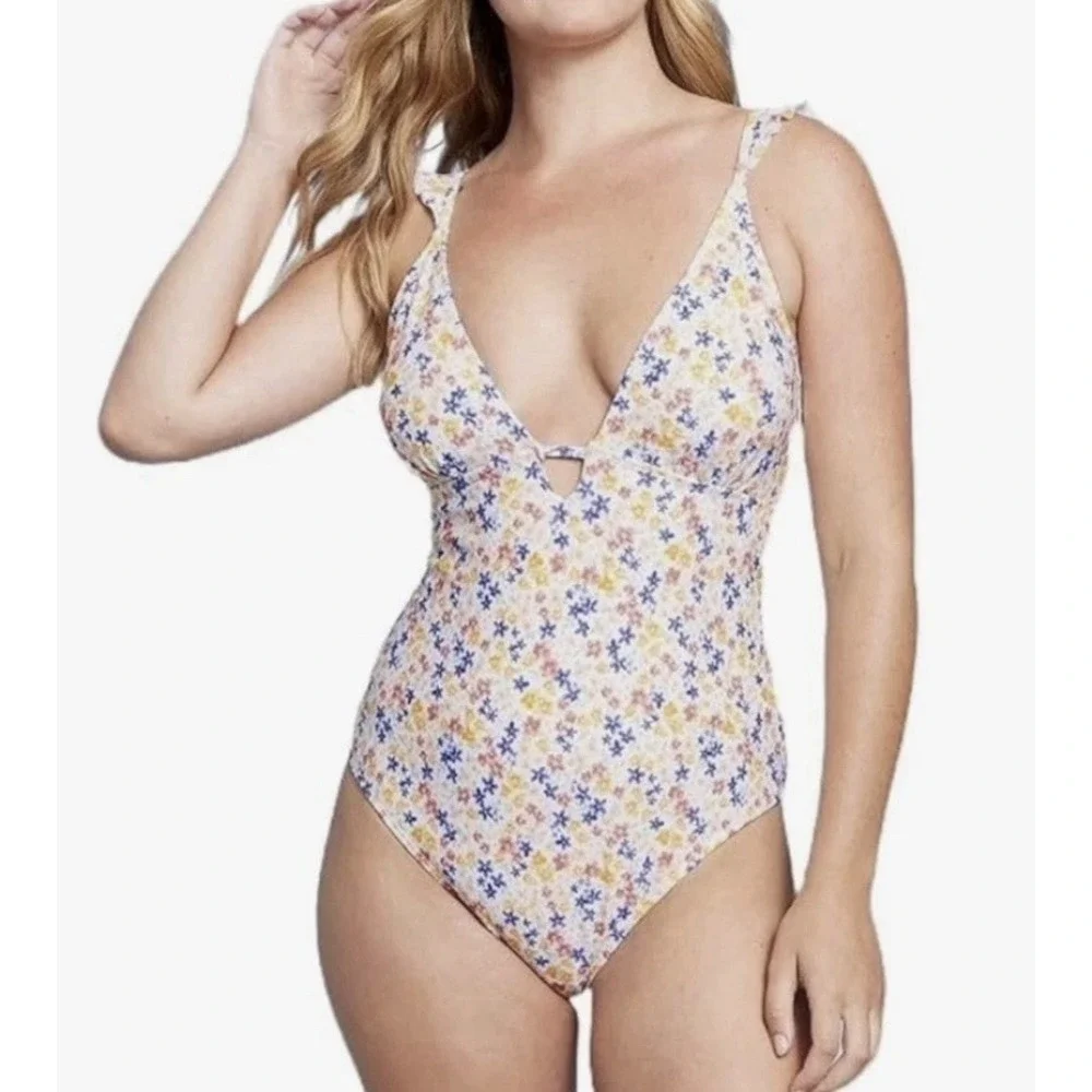 Shade & Shore Ruffle Plunge One Piece Swimsuit Ditsy Floral Cottage Womens M‎